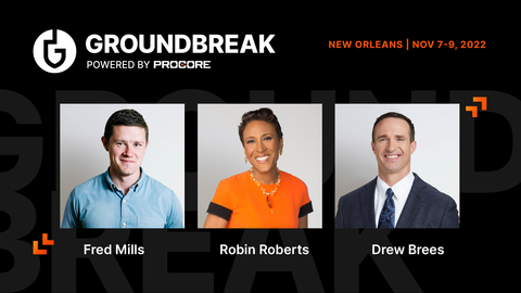 original Procore Announces Drew Brees, Fred Mills and Robin Roberts as Keynote Speakers at Groundbreak 2022. (Photo: Business Wire)