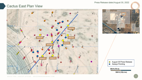 Cactus East drilling results, showing a plan view, a cross section and core.