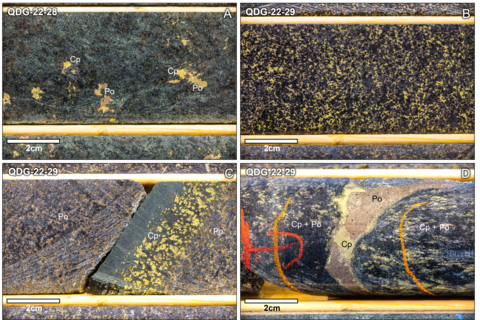 thumbnail Figure 1. A – photograph of drill core from hole QDG-22-28 at 17.20 metres depth showing blebby magmatic sulphides within the altered varitexture gabbro host rock; B – chalcopyrite-dominated net texture sulphides from hole QDG-22-29 @ 38.20m depth; C – recrystalized chalcopyrite-rich vein margin @ 39.95m depth of hole QDG-22-29; D - ~1.5 cm-wide massive pyrrhotite + chalcopyrite vein @ 43.10m depth from hole QDG-22-29. Field of view along the long axis of photos is ~9 cm, NQ half-core; Po = pyrrhotite, Cp = chalcopyrite. (Graphic: Business Wire)