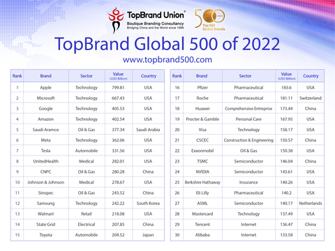 Eight of the top 30 global brands are from the US and the full TopBrand Global 500 rankings are available at www.topbrand500.com (Graphic: Business Wire)