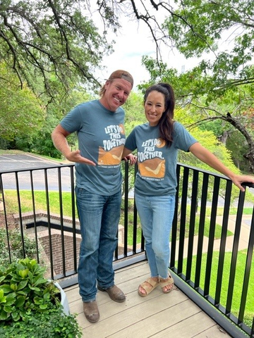 Chip and Joanna Gaines showcase the St. Jude Childhood Cancer Awareness tee designed by their daughter, Ella (Photo: Business Wire)