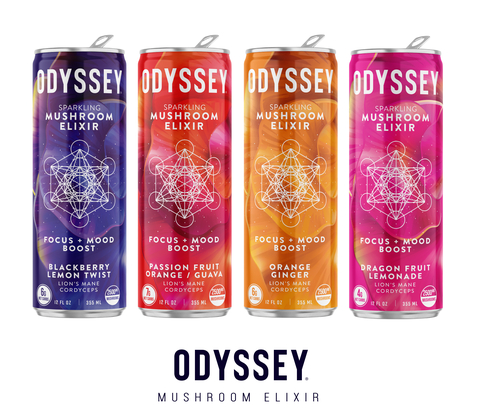 Odyssey integrates the power of adaptogenic mushrooms into their line of next generation sparkling energy elixirs to promote energy, focus, clarity, and mood. Odyssey’s meteoric rise in popularity amongst the Gen Z and Millennials is credited to their innovative extraction method capturing all the various health benefits of these superfoods with an undetectable mushroom taste. (Photo: Business Wire)