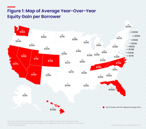 Figure 1: Map of Average Year-Over-Year Equity Gain per Borrower (Graphic: Business Wire)