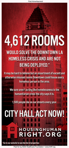 AHF is running another full-page, full-color housing advocacy ad set to be published this Sunday, September 11th in the Los Angeles Times. The ad headlined "4,612 Rooms," highlights a recent investigation and tally of vacant SRO hotel rooms across Los Angeles as the region’s homeless crisis continues to escalate without robust or adequate solutions put forth by government and community leaders. (Graphic: Business Wire)