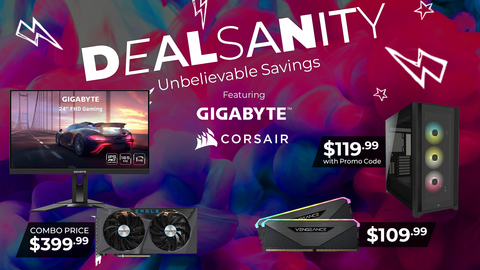Newegg's Dealsanity Sale features deals on GIGABYTE and Corsair brand PC components, including two GPU/gaming monitor bundles. (Graphic: Business Wire)