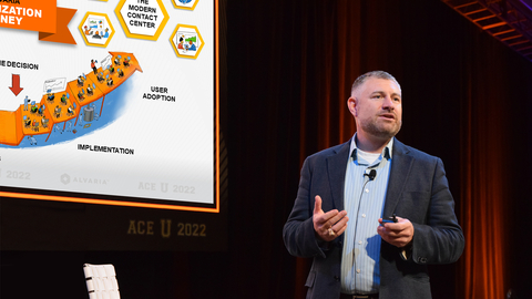 Alvaria CEO, Jeff Cotten rehearses "The Modern Contact Center" for opening day at ACE 2022 where he unveils a new engagement framework, The Alvaria Enterprise Modernization Journey (Photo: Business Wire)