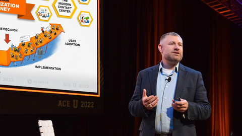 original Alvaria CEO, Jeff Cotten rehearses "The Modern Contact Center" for opening day at ACE 2022 where he unveils a new engagement framework, The Alvaria Enterprise Modernization Journey (Photo: Business Wire)