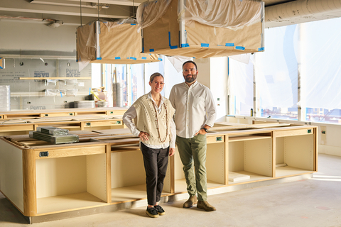 Food52 Co-CEOs Amanda Hesser and Alex Bellos in the Test Kitchen of Food52's future Brooklyn Navy Yard headquarters at Dock 72. (Credit: James Ransom/Food52)