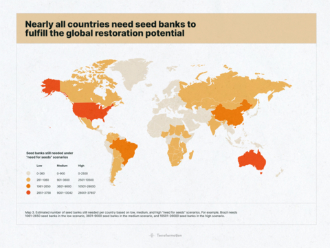 Estimated Number of seed banks still needed per country based on low, medium and high “need for seeds scenarios". Source: Terraformation