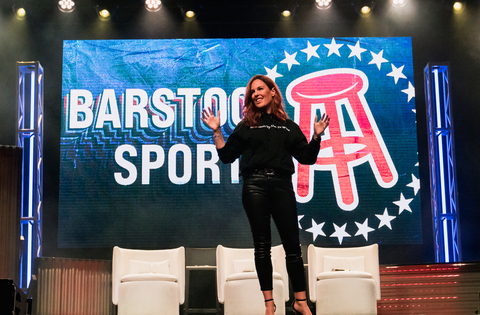 Barstool Sports CEO Erika Nardini speaking at the company’s 2023 upfront presentation on Wednesday, September 14 in New York City. Photo credit: Barstool Sports