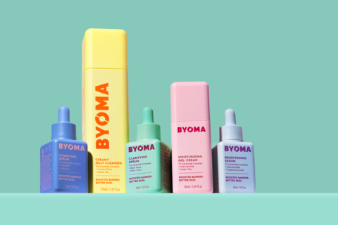 Pictured left to right: BYOMA Hydrating Serum, BYOMA Creamy Jelly Cleanser, BYOMA Clarifying Serum, BYOMA Moisturizing Gel Cream & BYOMA Brightening Serum. (Photo: Business Wire)