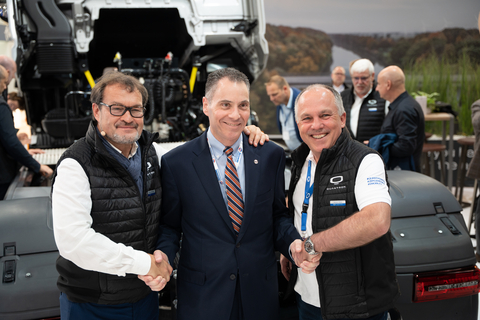 Michael Perschke, CEO Quantron AG, David Graziosi, Allison Transmission Chairman and CEO, and Herbert Robel, QUANTRON Board Member, celebrate integration of the Allison eGen Power® 130D e-Axle into QUANTRON's new fuel cell electric vehicle (FCEV), at its world premiere at IAA in Germany. (Photo: Business Wire)