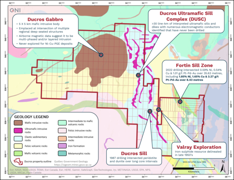 Figure 1. Geology map of Québec Nickel’s Ducros property (dark red outline) showing the individual mining claims that comprise QNI’s land package, along with the locations of the various Ni-Cu-PGE target areas. The regional geology is sourced from the Government of Québec’s online SIGÉOM database. (Graphic: Business Wire)