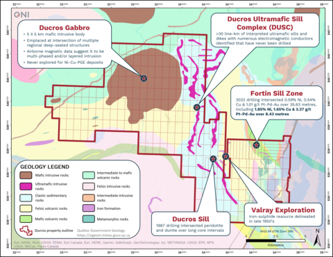 original Figure 1. Geology map of Québec Nickel’s Ducros property (dark red outline) showing the individual mining claims that comprise QNI’s land package, along with the locations of the various Ni-Cu-PGE target areas. The regional geology is sourced from the Government of Québec’s online SIGÉOM database. (Graphic: Business Wire)