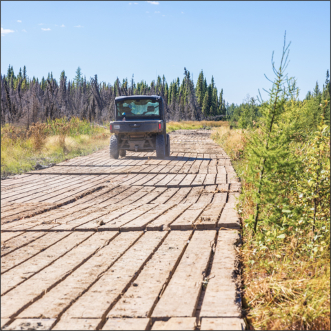 thumbnail Figure 3. Photograph of the temporary environmental matting installed by Northern Mat & Bridge along portions of the access trail into QNI’s Ducros Ultramafic Sill Complex drilling sites. (Photo: Business Wire)