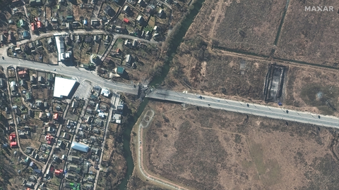 Damaged Bridge and Road on Approach Towards Kyiv | Ivankiv, Ukraine | February 27, 2022 | WorldView-3 Satellite Image