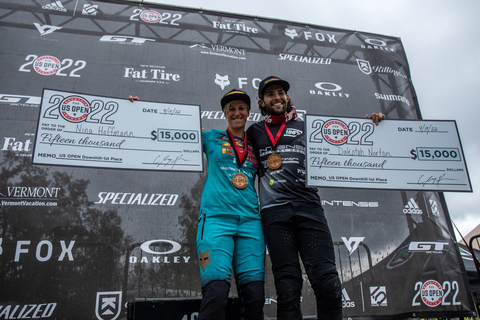 Dakotah Norton and Nina Hoffmann celebrate the largest Fox US Open payout to date with their Open Class Downhill wins, each taking home the $15,000 cash prize. Photo: Jack Rice