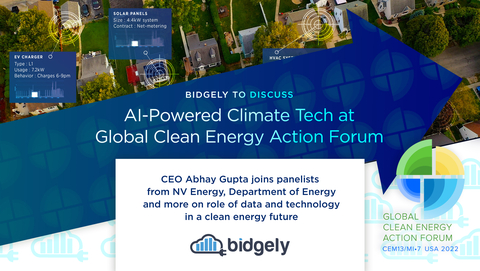 Bidgely CEO Abhay Gupta joins panelists at Global Clean Energy Action Forum to discuss use of data analytics and customer-centric AI in achieving climate change goals. (Graphic: Business Wire)