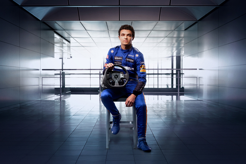 Lando Norris, F1 Racer for McLaren, with the Logitech PRO Racing Wheel (Photo: Business Wire)