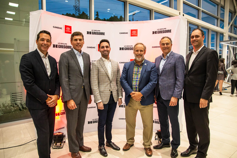 From left to right: Mr. Patrick Ryan, Regional Director of Quebec and Atlantic for Toyota Canada, Mr. Larry Hutchinson, President and CEO of Toyota Canada, Mr. John Hairabedian, President and CEO of HGrégoire, Mr. Normand Dyotte, Mayor of Candiac, Mr. Cyril Dimitris, Vice President of Sales and Marketing of Toyota Canada, as well as Mr. Sébastien Boisvert, General Manager of Toyota Candiac, during the official reopening ceremony, on September 20, 2022, in Candiac. (Photo: Business Wire)
