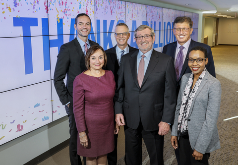 Northwell leaders, led by President and CEO Michael Dowling, represent key areas that a $400 million campaign extension will support including behavioral health, health equity, cancer and expansion of care in Manhattan, as well as ongoing priorities in employee wellness and at community hospitals. From left: Debbie Salas-Lopez, MD, MPH; Michael Dowling; Maxine Carrington, JD; back row: Daniel Baker, MD; John Q. Young, MD, MPP, PhD; and Richard Barakat, MD. Credit Northwell Health