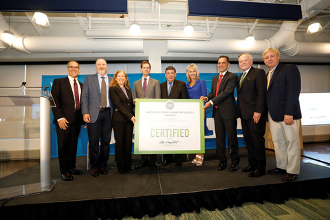 Waters Corporation celebrates the LEED Certification of its Taunton, Mass. Precision Chemical Manufacturing Facility - the first of its kind in Massachusetts - with leaders from business, federal, state and local government. From l to r: Chris Ross, Waters SVP Global Operations; Chris Benevides, Waters Director of Manufacturing Operations; Elizabeth Beardsley, Senior Policy Counsel, U.S. Green Building Council; Congressman Jake Auchincloss (D-MA); Mass. State Senator Marc Pacheco (1st Plymouth & Bristol District); City of Taunton Mayor Shaunna O'Connell; Dr. Udit Batra, Waters CEO & President; Jim Brett, President & CEO The New England Council; Tom Keiser, Waters Taunton Project Expansion Lead. (Photo: Business Wire)