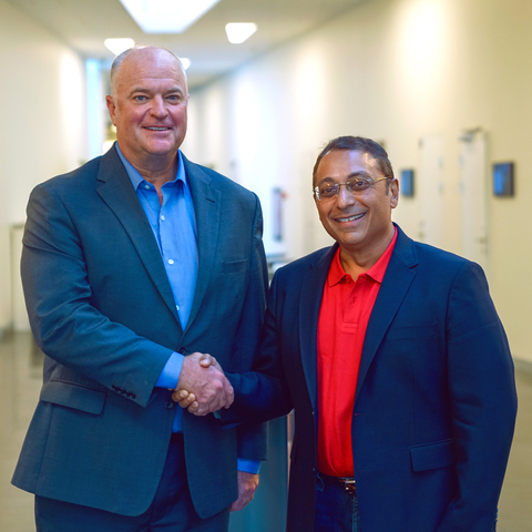Harsha Kumar, President, Prodapt, with Tom Dibble, President & CEO, Aria Systems, at DTW 2022 in Copenhagen firming up the partnership. (Photo: Business Wire)