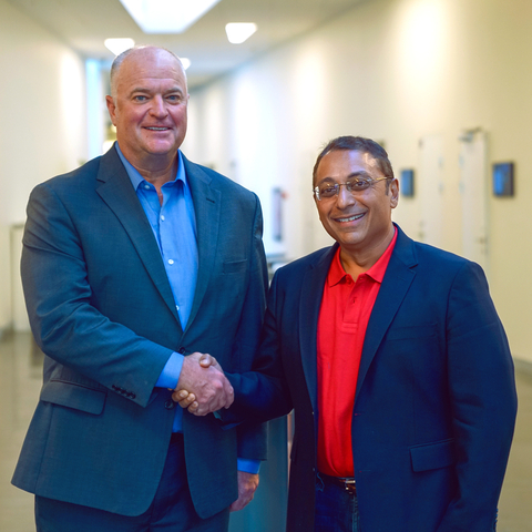 original Harsha Kumar, President, Prodapt, with Tom Dibble, President & CEO, Aria Systems, at DTW 2022 in Copenhagen firming up the partnership. (Photo: Business Wire)
