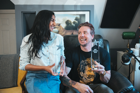 IMDb, the world's most popular and authoritative source for information on movies, TV shows, and celebrities, presented its first-ever IMDb STARmeter Award for Podcasts to Dax Shepard and Monica Padman, creators and co-hosts of the Spotify Exclusive podcast Armchair Expert with Dax Shepard. (Photo: Business Wire)