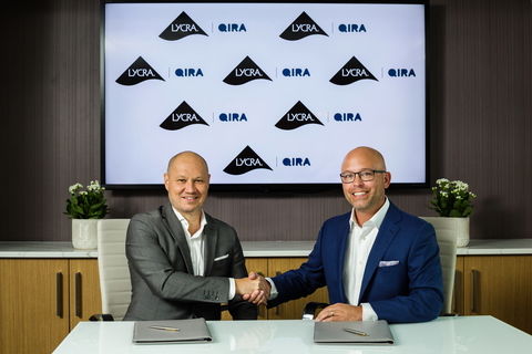 The LYCRA Company signs an agreement with Qore® LLC to enable large-scale production of bio-derived spandex. Pictured – Julien Born, CEO of The LYCRA Company (left), and Jon Veldhouse, CEO of Qore® LLC (right), at The LYCRA Company’s headquarters in Wilmington, DE, USA. (Photo: Business Wire)