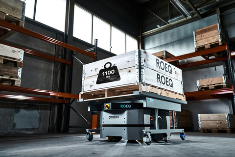 The new ROEQ TMC500 solution for OMRON's LD-250 autonomous mobile robot (AMR) consists of a top module and the ROEQ Cart500. The solution is versatile, with free-space pick up and mounting holes on the Cart500 for attaching crates and shelves on top of the cart. (Photo: Business Wire)