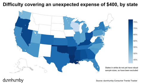 Difficulty covering an unexpected expense of $400, by state. From dunnhumby Consumer Trends Tracker, Inflation Edition (Photo: Business Wire)