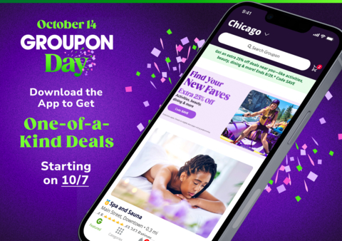 Groupon's annual holiday shopping event, Groupon Day, kicks off on October 7 with amazing early-deal deals and ends on October 14. This year’s Groupon Day will feature big savings on local experiences and services and travel deals as well as other one-of-a-kind promotions that consumers won’t be able to find anywhere else. (Graphic: Groupon)