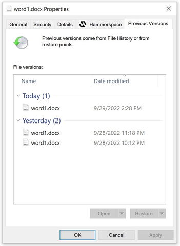 The User-Initiated File Protection and Recovery feature enables users to directly access previous versions of their files from within Windows file properties dialogue, regardless of which storage the data lives on today, or moves to later. No longer do they have to call IT to recover files from backup images in the case of malicious or accidental file errors. (Graphic: Business Wire)
