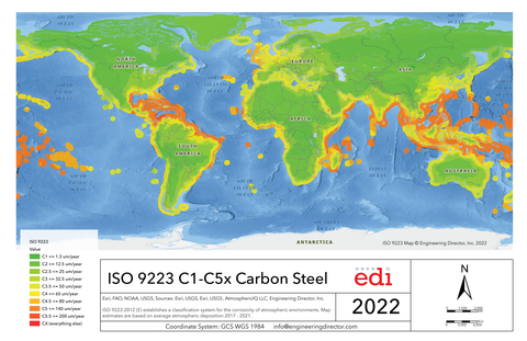 ISO 9223 C1-C5x Global Map 2022 – Corrosion Rate Category of Carbon Steel (Graphic: Business Wire)