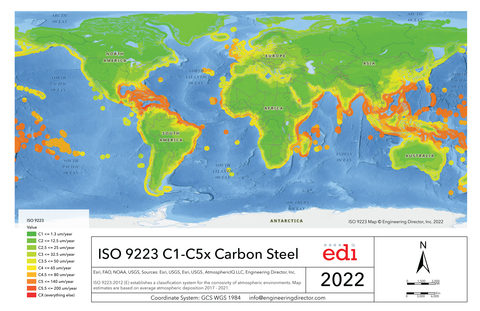 original ISO 9223 C1-C5x Global Map 2022 – Corrosion Rate Category of Carbon Steel (Graphic: Business Wire)