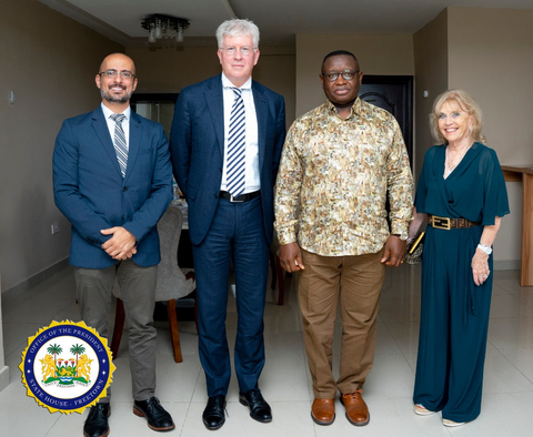 Pictured from left to right: Dr. Mark Shrime, International Chief Medical Officer for Mercy Ships, Gert van de Weerdhof, CEO for Mercy Ships, His Excellency Julius Maada Bio, President of the Republic of Sierra Leone, and Dame Ann Gloag International Board Member for Mercy Ships (Photo: Business Wire)