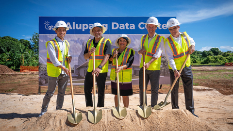 GTA held a groundbreaking ceremony to mark the start of construction of the Alupang Data Center in Tamuning, Guam. PHOTO (L-R) Benjamin Wu, Partner, Huntsman Family Investments (HFI); Roland Certeza, President and CEO, GTA; Governor Lourdes Leon Guerrero, Governor of Guam; Paul Huntsman, President and CEO of Huntsman Family Investments (HFI) and GTA Board Chairman; David John, Board Director, GTA (Photo: Business Wire)