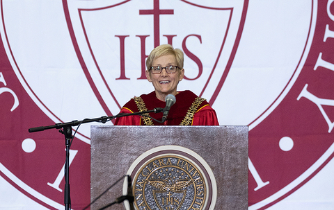 Santa Clara University celebrated the historic inauguration of its first woman and first lay president in its 171-year history, Julie Sullivan, on Oct. 7, 2022. Photo by Jim Gensheimer