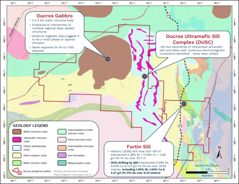 Figure 1. Geology plan map of Québec Nickel’s Ducros property (dark red outline) along with the locations of the primary Ni-Cu-PGE exploration target areas. The regional geology is sourced from the Government of Québec’s online SIGÉOM database. (Graphic: Business Wire)