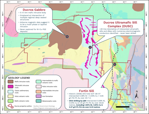 original Figure 1. Geology plan map of Québec Nickel’s Ducros property (dark red outline) along with the locations of the primary Ni-Cu-PGE exploration target areas. The regional geology is sourced from the Government of Québec’s online SIGÉOM database. (Graphic: Business Wire)