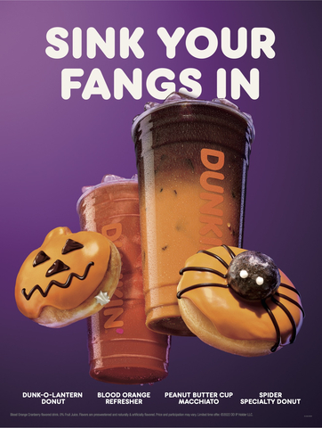 Dunkin’ fans can sink their fangs into the Halloween season with the the Spider Donut, Dunk-o-Lantern Donut, Peanut Butter Cup Macchiato, and Blood Orange Dunkin' Refresher. (Photo: Business Wire)