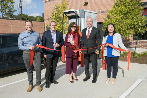 Phillips 66 leaders were on hand for a ribbon-cutting ceremony marking the debut of the EV chargers. From left: Chris Gilliland, Manager of Innovation; Rod Palmer, Vice President of U.S. Marketing; Zhanna Golodryga, Executive Vice President of Emerging Energy and Sustainability; Brian Mandell, Executive Vice President of Marketing and Commercial; and Kathleen Davis, Electric Vehicle Program Manager.