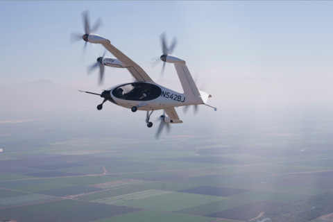 Joby’s all-electric, vertical take-off and landing aircraft during a flight test. (Photo: Business Wire)