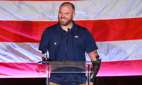 Carrington House recipient U.S. Army Staff Sergeant Travis Mills, quadruple amputee and co-founder of The Travis Mills Foundation, a nonprofit that assists Veterans, shares his journey of recovery and rediscovery at the Carrington Charitable Foundation’s 10th CCF Golf Classic. (Photo: Business Wire)