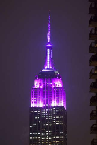 NEW YORK, NEW YORK - October 20: The Empire State Building lit purple in celebration of Spirit Day on October 19, 2022, in New York City. (Photo by Getty Images for Empire State Realty Trust)