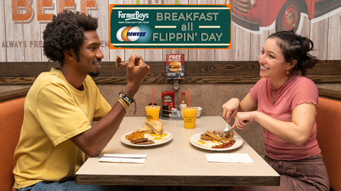 Newegg employees Jeremy Threat and Tori Vasquez (from left) enjoy an afternoon breakfast at Farmer Boys. Newegg and Farmer Boys are teaming up for "Breakfast All Flippin' Day," a co-marketing campaign to promote the fast casual restaurant chain's all-day breakfast menu for gamers, livestreamers and PC builders. (Graphic: Newegg)