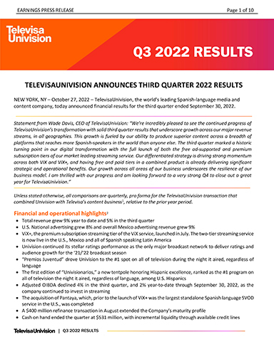 original Resultados do T3 2022 da TelevisaUnivision