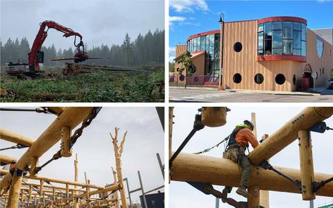 (Clockwise from top left): 1) Structural Round Timber donated from Port Blakely harvested from longer rotation forests provide optimal carbon sequestration from carbon-smart forests.  Port Blakely is a family-owned timber company with 145,000 acres of sustainably managed forest in Oregon and Washington, including the 10,000-acre Winston Creek Certified Carbon Forest; 2)  Image of the nearly completed museum, Steinberg Hart; 3) Structural Round Timber trusses getting installed at the Children’s Museum of Eau Claire by local steel installation contractors;  4) 30’ Maple columns donated by Seven Islands Land Company demonstrate the majesty of timber structure and tower over first floor Port Blakely Douglas fir trusses.

For hi-res versions of these and other images, contact info@WholeTrees.com (Photo: Business Wire)