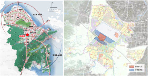 original À gauche :diagramme schématique de l’emplacement du hub ouest dans la structure spatiale urbaine de Ningbo
À droite :croquis cartographique de l’aménagement (Photo : Business Wire)